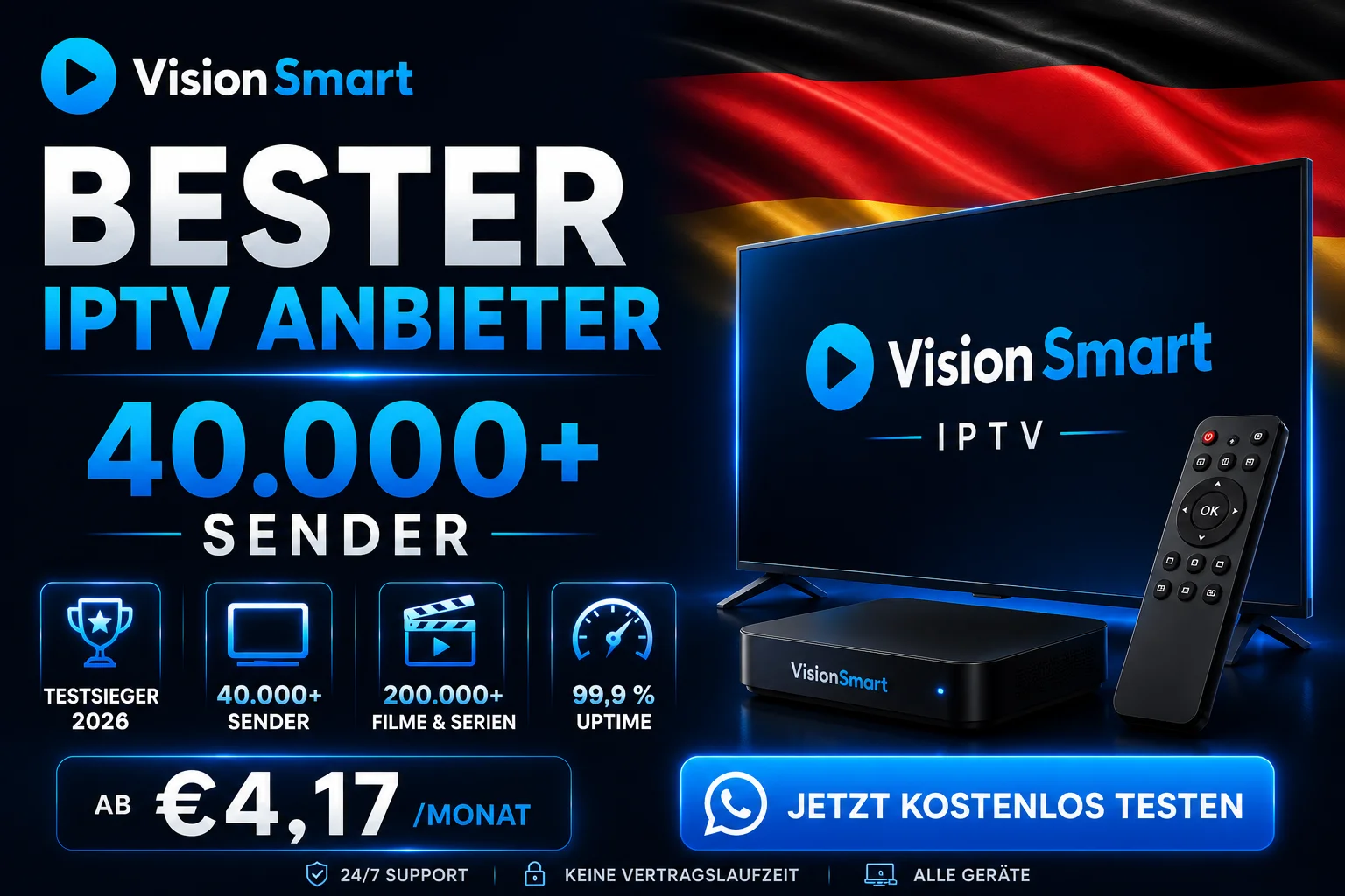 Bester IPTV Anbieter 2026 Vergleich VisionSmart mit 4K-Streaming auf mehreren Ger&au