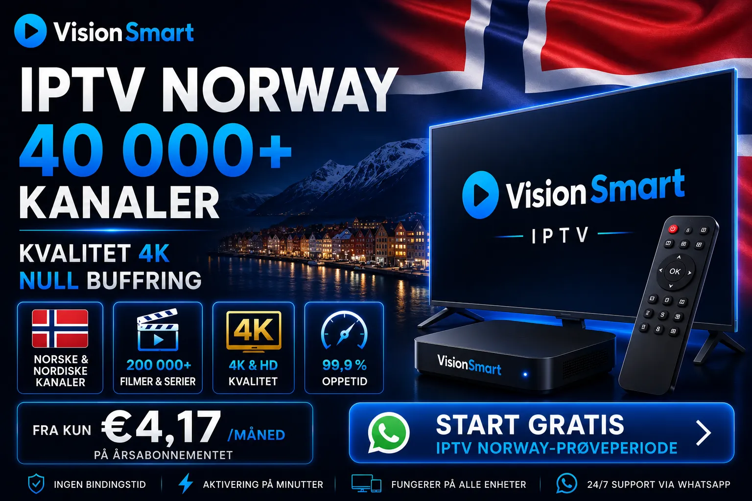 IPTV Norway tjeneste med 40 000+ norske og internasjonale kanaler i 4K p&aring; Smart TV