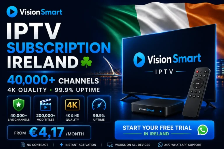 IPTV subscription Ireland service displaying live channels and sports on Smart TV
